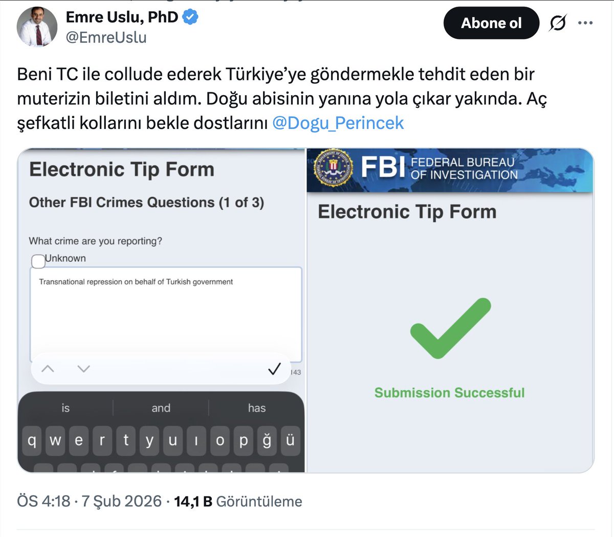 🛑Firari FETÖ'cü Emre Uslu, örgütten ayrılmak isteyen üyeleri FBI'ya ihbar etti!

▪️FETÖ içindeki bölünme arttıkça, örgüt üyeleri hedef gösterilerek tehdit ediliyor.