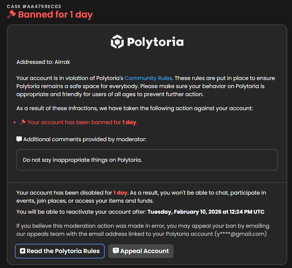 Ok so.. I did say FUCK but like HOW DID I ALREADY Get BANNED From TEMU ROBLOX😭

I WAS JUST TESTING THE CHAT FILTER :(