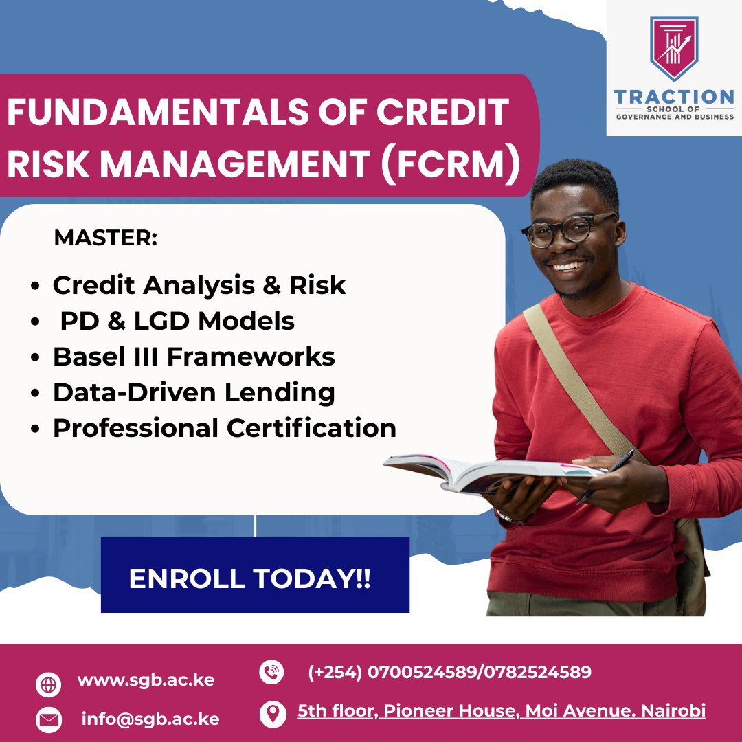 Data > Guesswork.
Become the risk expert your team relies on.
Our Fundamentals of Credit Risk Management (FCRM) course is open for enrollment.
Master PD/LGD models.
Navigate Basel III.
Get certified.

🔗 sgb.ac.ke/fcrm/
#FinanceCourse #LearnOnline #SkillUp