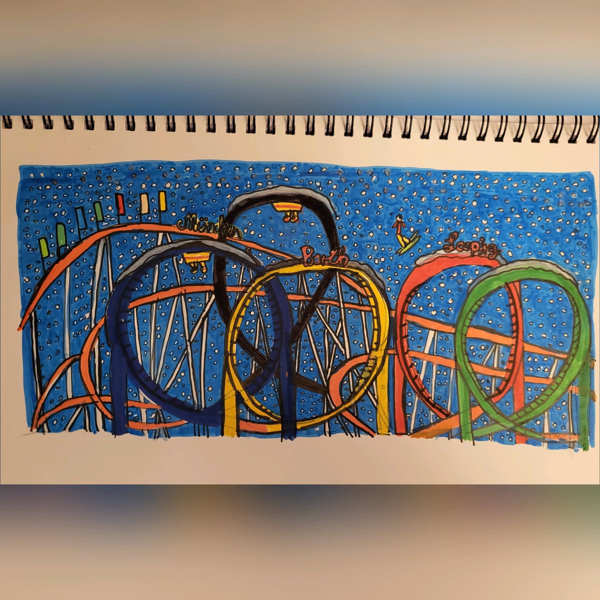 Martoonbird's tweet photo. Am Freitag begannen die Olympischen Winterspiele in Mailand &amp; Cortina. 🥇 Zu diesem Anlass habe ich den weltbekannte Olympia-Looping winterlich verschneit gemalt. 🏂  

✏️ Inktober -52- Week 1 - Thema: Free Time (Olympia) 
#Inktober52 #inktober52freetime #Olympialooping #Olympia https://t.co/KgUJ2ZCCye