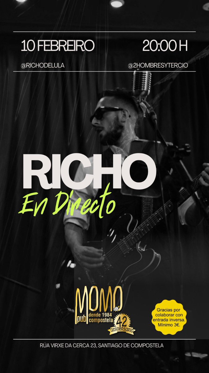 Martes 10 de febreiro Richo en directo no Momo. 

#santiagodecompostela 
#musicaenvivo 
#musicaendirecto