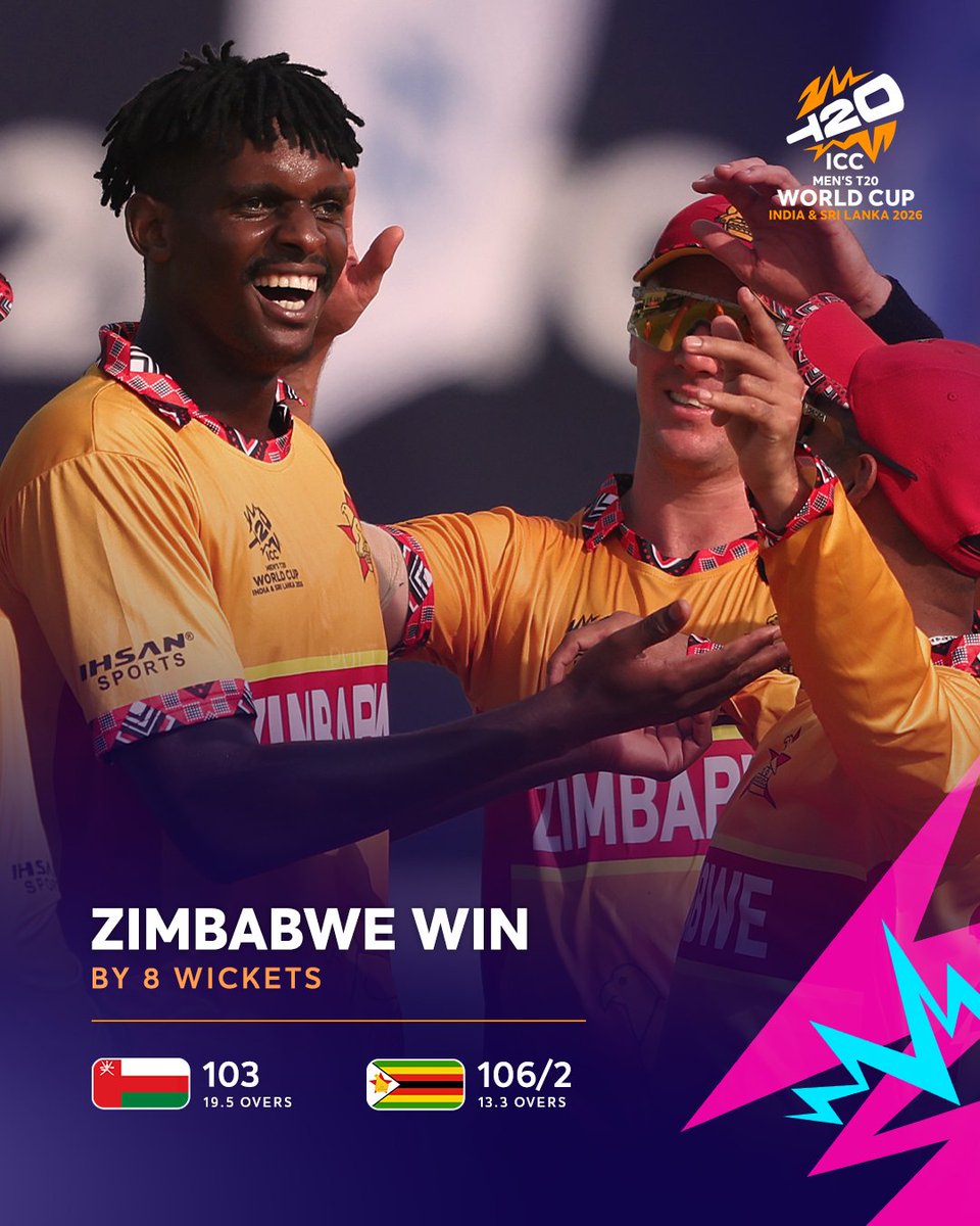 ICC's tweet photo. Zimbabwe pacers seize control to deliver their opening #T20WorldCup victory  💥

📝: https://t.co/EBoAzojr0W https://t.co/VYuTjzk7xX