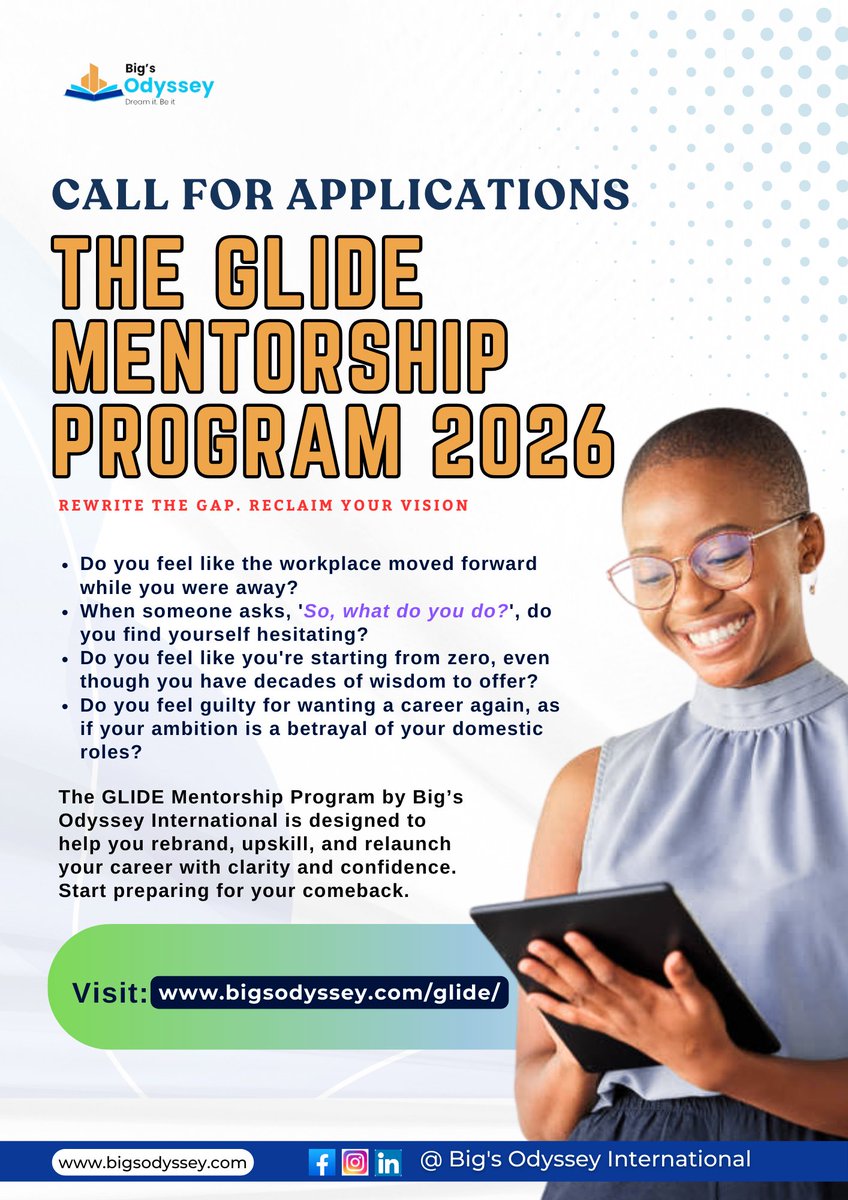 bigsodyssey's tweet image. Call for Applications!
The GLIDE Mentorship Program 2026 is now accepting applications.

This is a perfect opportunity for women who have taken a career break and are looking to re-enter the workforce. 

Apply Now: bigsodyssey.com/glide/ 

#GLIDE #WomenInLeadership #BigsOdyssey