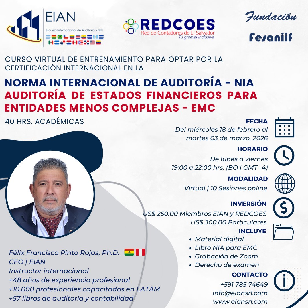 EIANsrl's tweet photo. CURSO VIRTUAL DE CERTIFICACIÓN INTERNACIONAL 

🚀NORMA INTERNACIONAL DE AUDITORÍA – NIA

“AUDITORÍA DE ESTADOS FINANCIEROS PARA ENTIDADES MENOS COMPLEJAS – EMC”

#CursoVirtual #Auditoria #Contabilidad #NIA #EMC #NIAparaEMC  #Auditor #Contador #EIAN #LATAM https://t.co/eGgCpb9d5q