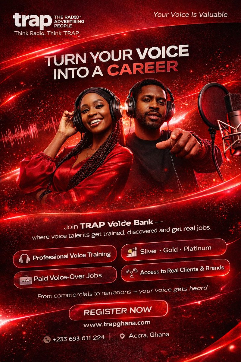 Your voice can do more than talk.
It can pay you.
Join TRAP Voice Bank, where voice talents get trained, discovered and get real jobs.

🎙️ Commercials
🎧 Voice-overs
💼 Paid opportunities

👉 Register now: trapghana.com
#TRAPVoiceBank #voiceover
