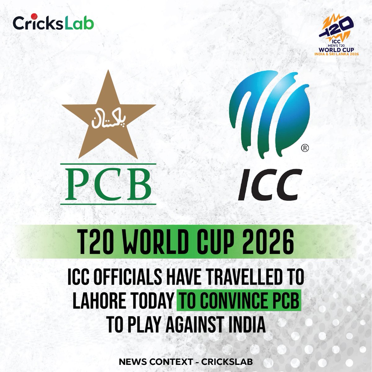 CricksLab's tweet photo. ICC officials have reportedly arrived in Lahore to convince PCB to play against India 
Will cricket take center stage, or will politics continue to shadow the game? 
All eyes now on PCB’s next move.

👉 Stay connected with @CricksLab for real-time updates.
#PCB #ICC #CricksLab https://t.co/On5vOdj2BV