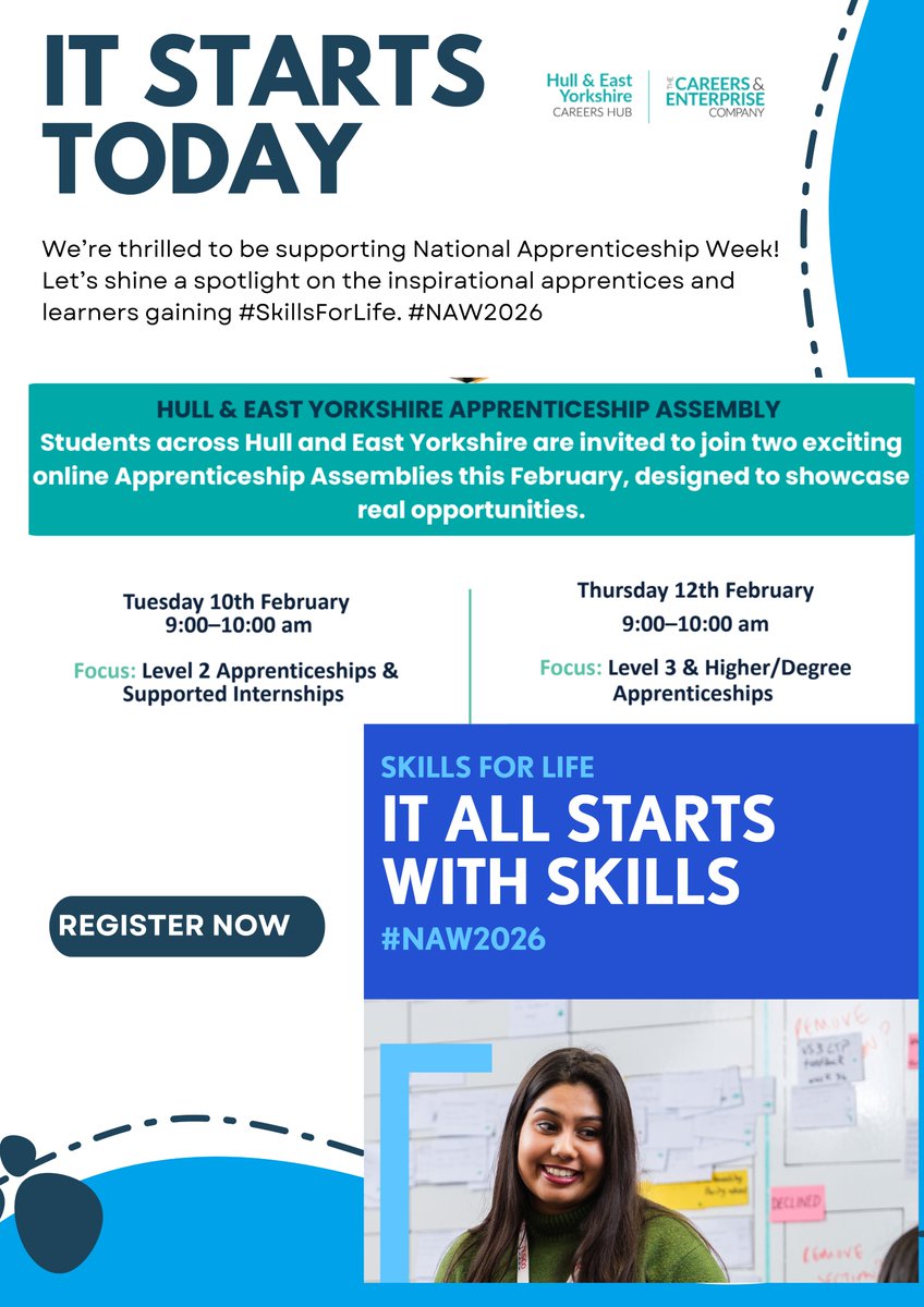 We’re thrilled to be supporting #NationalApprenticeshipWeek! Let’s shine a spotlight. Students across Hull &amp; East Yorkshire are invited:

Tue 10 Feb | 9:00–10:00AM 
Register: lnkd.in/ec8F-T6K

Thur. 12 Feb | 9:00–10:00AM 
Register: lnkd.in/eCb_aq79