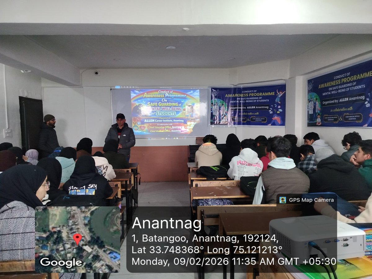 AnantnagDIPRC's tweet photo. As part of sustained efforts to promote students’ mental health &amp; emotional resilience, awareness sessions on Safeguarding Students’ Mental Well-Being held at ALLEN Career Inst &amp; Physics Wallah, Ang.

https://t.co/Sq6yZGEtkl

@diprjk @ddnewsSrinagar @chiefang12823 @cmo_anantnag https://t.co/HNtcrR9mb4