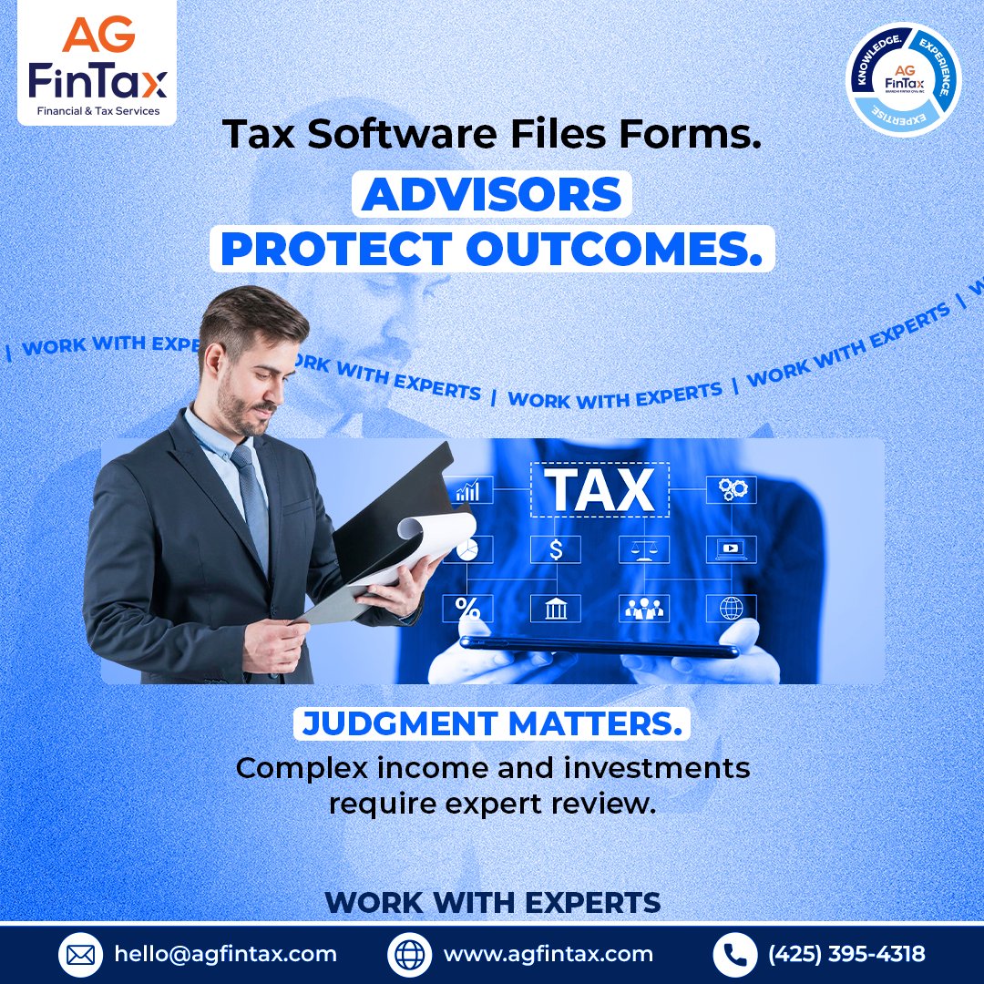 ag_fintax's tweet photo. Tax software files forms. Advisors protect outcomes.

When income gets complex, judgment matters. Software can submit numbers—but expert review ensures accuracy and smarter tax decisions.

🚀 Get started today: https://t.co/hEy9i5B75u

#AGFinTax #TaxPlanning #SmartFiling https://t.co/fp2kNcvqhK