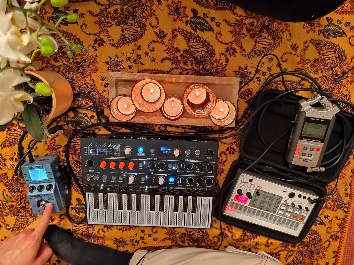 SaltaSoles's tweet photo. This is what last night's jam looked like: a fully portable, dawless setup that can run off batteries/power bank. 

I was making some folk/ambient music as meditation and it worked wonders. Microfreak doing pads and Volca in charge of the drums. Definitely doing this again. https://t.co/xSLAaFUAc2