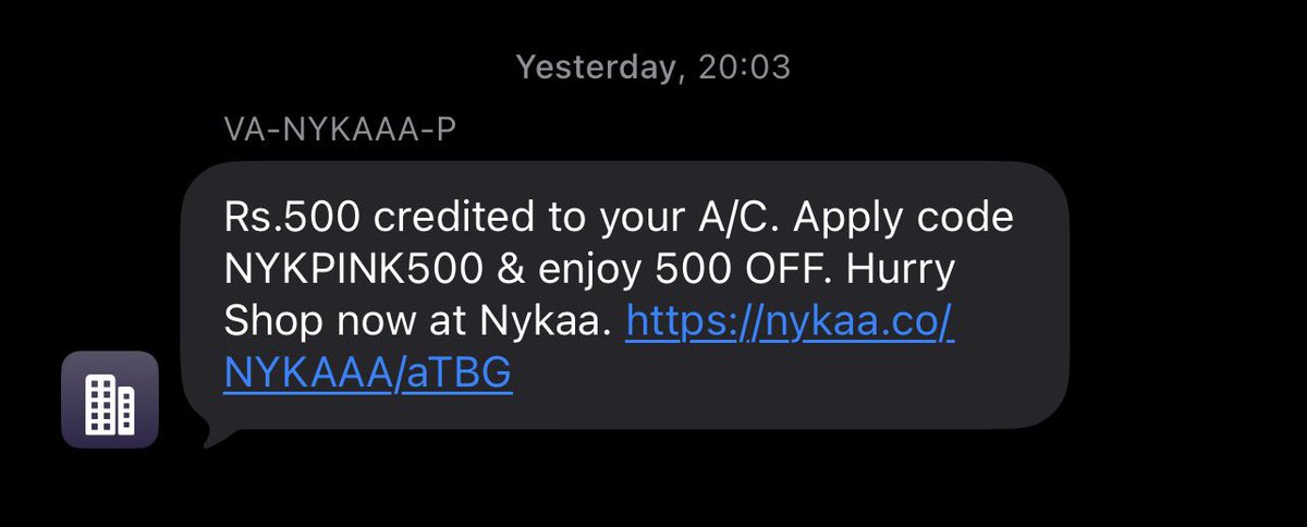 Yesha_B's tweet photo. So I had an interesting but not fun experience with @MyNykaa I received this message 8:03pm and when I tried to use the coupon at 10:40pm it said it is invalid. No time mentioned on the message and no other details. Pretty disappointed as I spent sometime to get my cart above 3k https://t.co/TnAbmdCDyG
