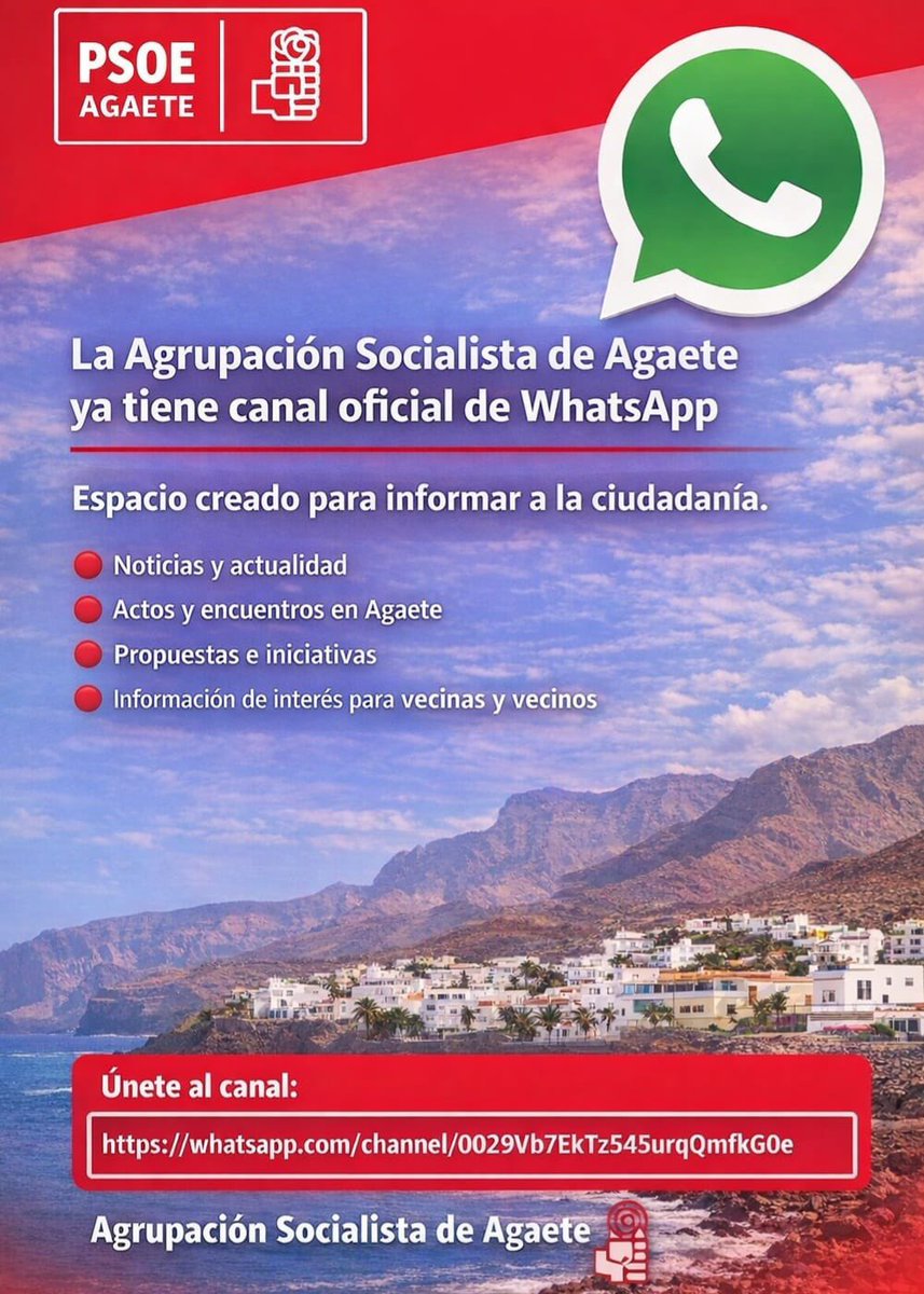 📲 La Agrupación Socialista de Agaete ya tiene canal oficial de WhatsApp!