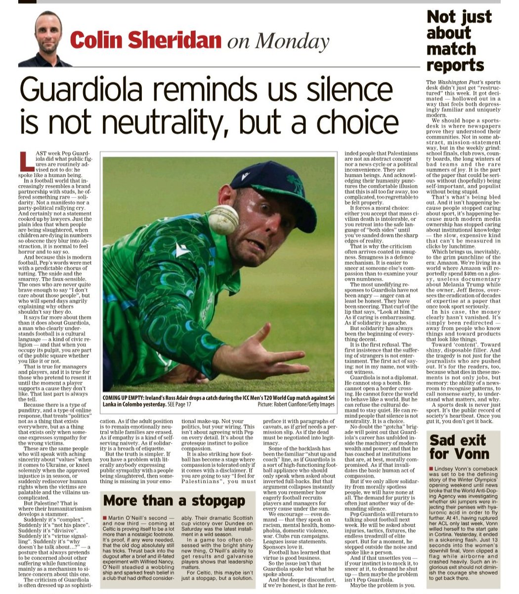 If you've a problem with anybody expressing public sympathy with a people being slaughtered, then something is missing in your emotional make-up. Not your politics, but your wiring. This isn’t about agreeing with Pep on every detail. It’s about the grotesque instinct to police