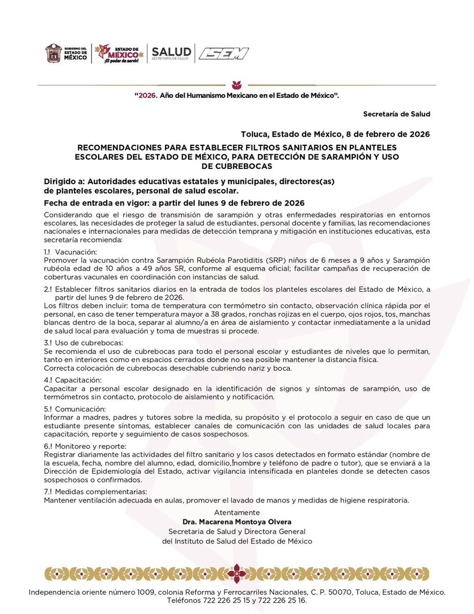 #URGENTE La Secretaria de Salud del Estado de México impone el uso de cubrebocas en planteles educativos de nivel básico e insta a la comunidad a mantenerse pendiente del estado de salud de los alumnos ante el avance de enfermedades respiratorias y #sarampión.