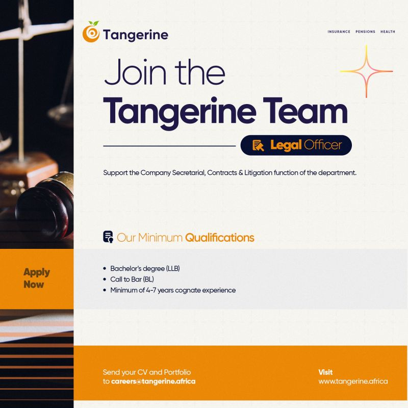 Tangerine General is hiring🍊

Role: Legal Officer👩‍⚖️👨‍⚖️

To apply, please send your credentials to careers@tangerine.africa