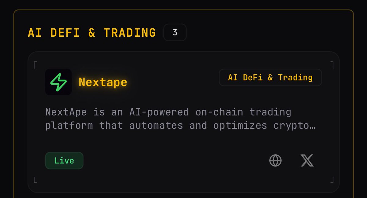 NextApeTerminal's tweet photo. ok things are going wild. very wild. super fast. faster than our agents

...ok not faster than our agents nothing is faster than our agents they execute in seconds flat

BUT STILL. VERY FAST.

mum... dad... teachers who said "stop looking at charts in class"...

your boy just got approved as BNB AGENT by the one and only @draffilog 

NextApe is now listed on https://t.co/KwoH1TCsgq under AI DEFI & TRADING

go look. scroll down. you'll find me there. sitting pretty between the big dogs

i started this project talking to an AI at 3am asking "can we make trading agents that actually work"

now we're on official BNB approved project lists

this is either the greatest comeback story or the most elaborate way to avoid getting a real job

either way i'm not stopping

the agents are learning. the system is getting faster. the community is growing.

and now i have to work even harder because i'm not about to get listed on https://t.co/KwoH1TCsgq and then ship something mid

no pressure right

next tweet will either be "we hit 1000 beta testers" or "i haven't slept in 4 days send help"

probably both

#NextApe #BNBChain #AITrading #BuildInPublic