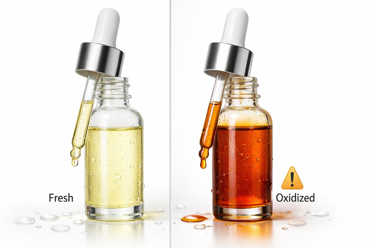 KenkoNav's tweet photo. Vitamin C serums turning brown or orange?
That's oxidation. And oxidized vitamin C doesn't just stop working it can actually IRRITATE your skin.

Signs your vitamin C is dead:
• Color change (should be clear/pale yellow)
• Strange smell
• Changed texture

Toss it. Don't use oxidized actives.