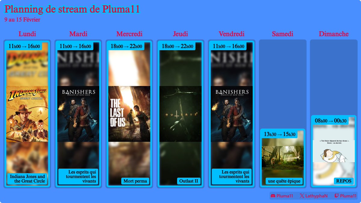LathyphaN's tweet photo. Voici mon planning de stream ! venez à la découverte des jeux que je fais. Il y en à pleins d'autres #follow pour soutenir ma chaine #sub un abonnement payant #prime un abonnement gratuit si tu es sur #prime #merci https://t.co/dmcSexrJlX