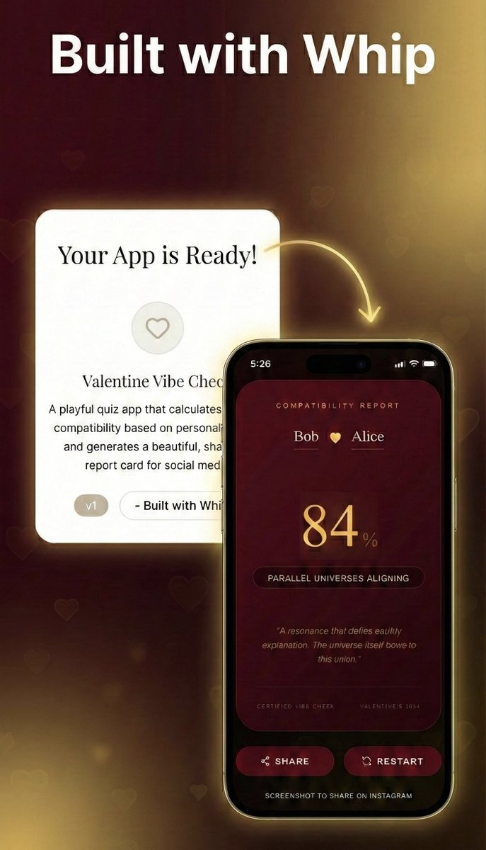 Vibe coding is a $5B industry.

One founder sold his vibe coded app for $80M. <a href="/levelsio/">@levelsio</a> hit $1M ARR in 17 days with a game he built in 3 hours.

But ALL of this is happening on web.

Nobody has cracked vibe coding for mobile apps.
We just did. Meet Whip 🧵(1/5)