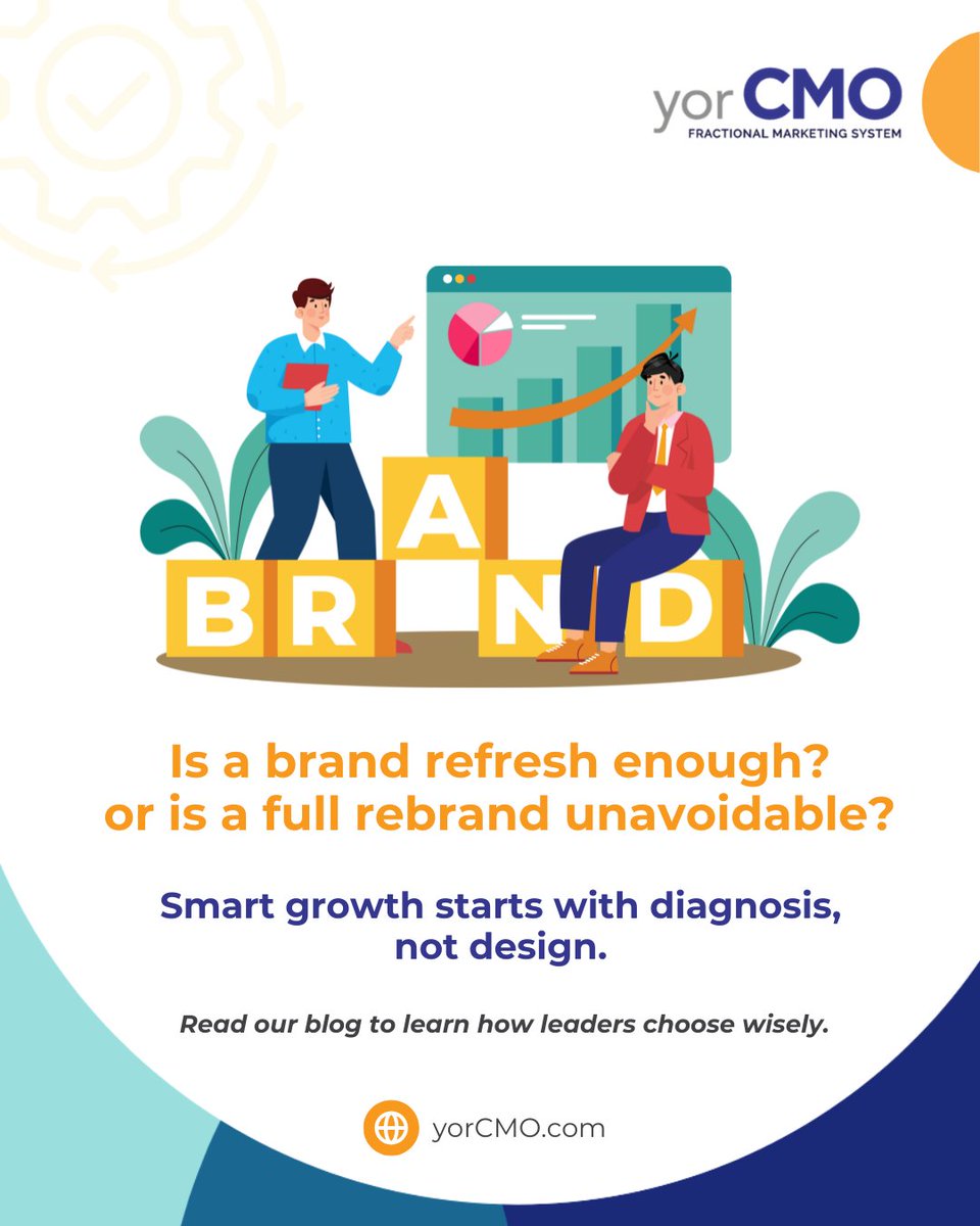 yorCMO's tweet photo. Founders often think brand problems are visual: new logo, colors, tagline.

But brands don’t break overnight.
They drift operationally.

This post shows how to tell if you need a refresh or a full reset and why guessing is costly.

 https://t.co/gi6stT2yMq https://t.co/FyeQOcm5V5