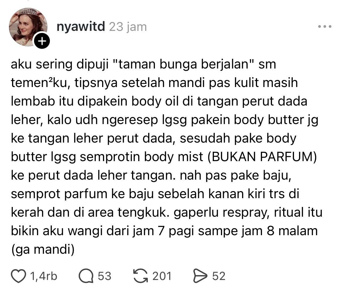 yqounger's tweet photo. badan jadi wangi dan lembab seharian sampai di puji ‘taman bunga berjalan’
spill dong kalau kalian gimana? https://t.co/5SJVTFE5Xz