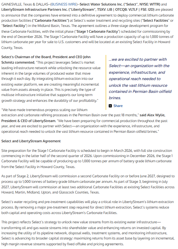 $lib.v announces a definitive agreement to build a commercial facility with Select Water Solutions $wttr, which has a $1.5 billion market cap.

Time to production is incredibly fast. Site selection on march. Construction on latter half of Q2. And commissioning in December.

This