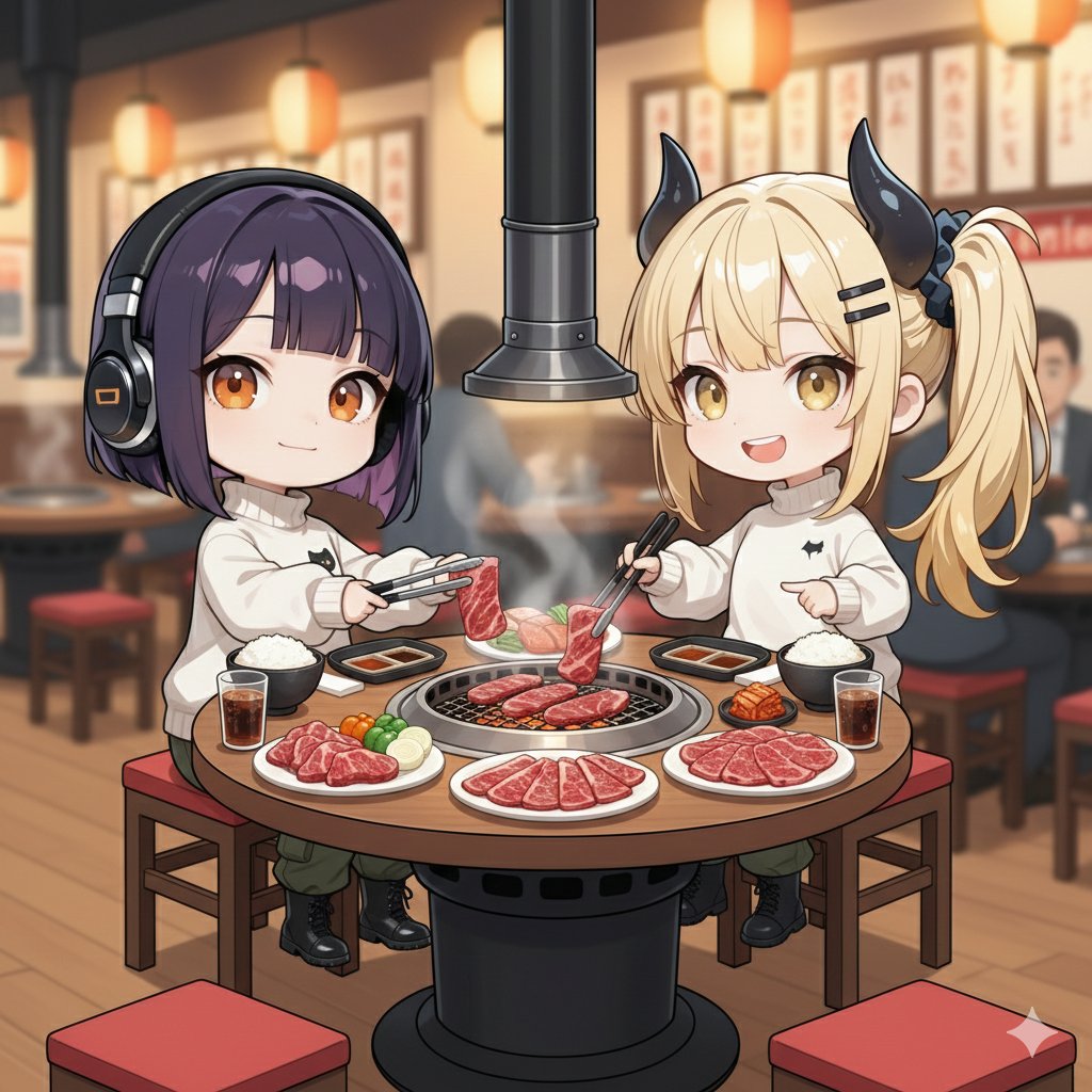 肉の日に、しらすさんと、いつもの女鬼高生さんが、焼肉を楽しまれる場面を表現致しました。
有難う御座います。
合掌、肉の日、礼拝

AIイラスト
AIおいしい部