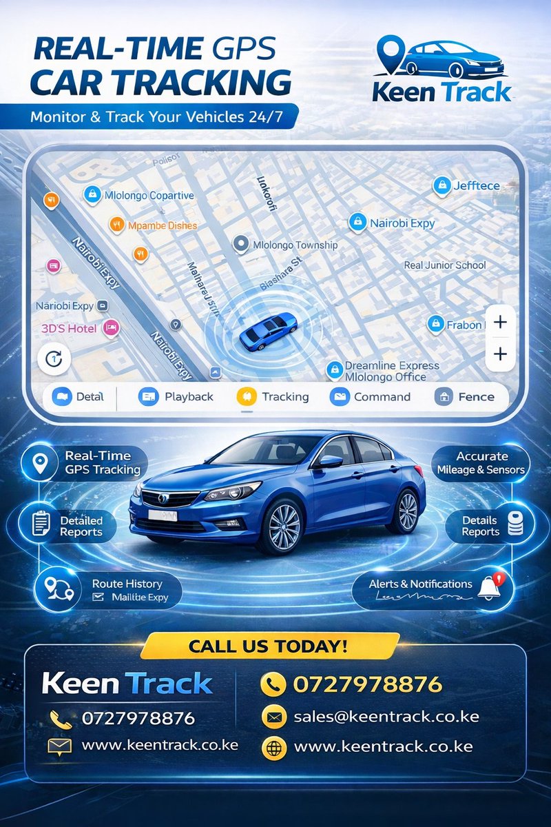 KeenTrack's tweet photo. Car GPS Tracker – Stay in Control
Track your car in real time straight from your phone.
View live location, route history, movement alerts &amp; geo-fence notifications.
 Price: Ksh. 10,000
Phone: 0727978876
🌐 https://t.co/3WBcLALdSi
#CarTracking #GPSTracker #VehicleSecurity https://t.co/tsf3QUi3UB