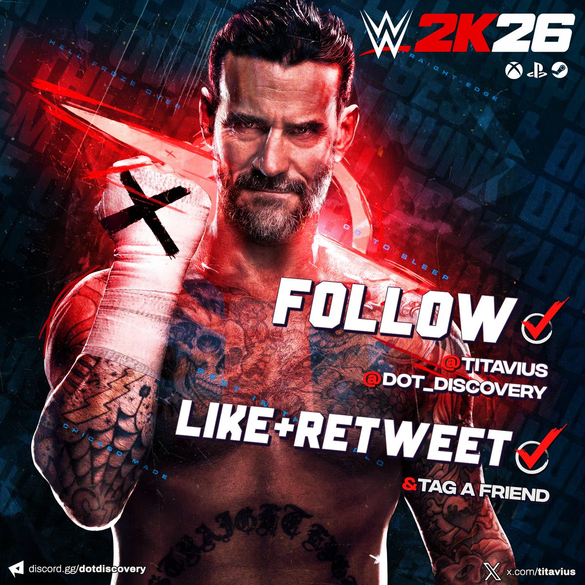 🎁 NEW! Collaboration Giveaway for WWE 2K26

Rules to enter: 
✅ Follow <a href="/titavius/">Titavius</a> &amp; <a href="/dot_discovery/">DISCOVERY</a>
☑️ Like &amp; Retweet
☑️ Tag a friend for an extra entry 👀

⏳ Winner will be chosen on February 16th!

#WWE2K26 #WWE #Giveaways #GameGiveaways