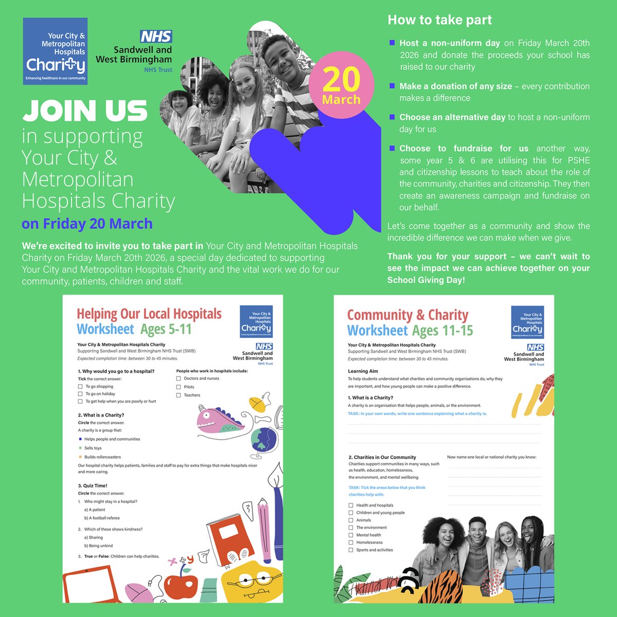 SWBHCharity's tweet image. School Giving Day – Fri 20 March 2026 💙
Support Your City &amp;amp; Metropolitan Hospitals Charity, helping patients, children &amp;amp; staff and tackling health inequalities across Birmingham.

Set up your FREE JustGiving page 👉 shorturl.at/nF5Pa

Free worksheets: trustcharity@nhs.net