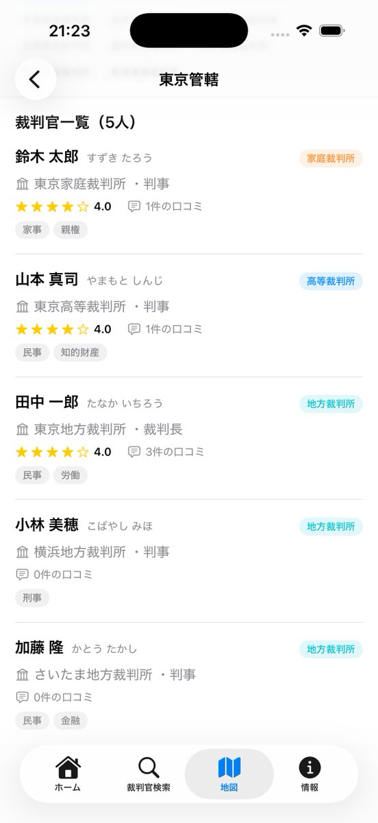 裁判官マップ（iPhoneアプリ版）。裁判官にも、口コミを書かれる側の立場を実感して欲しい。#Claude