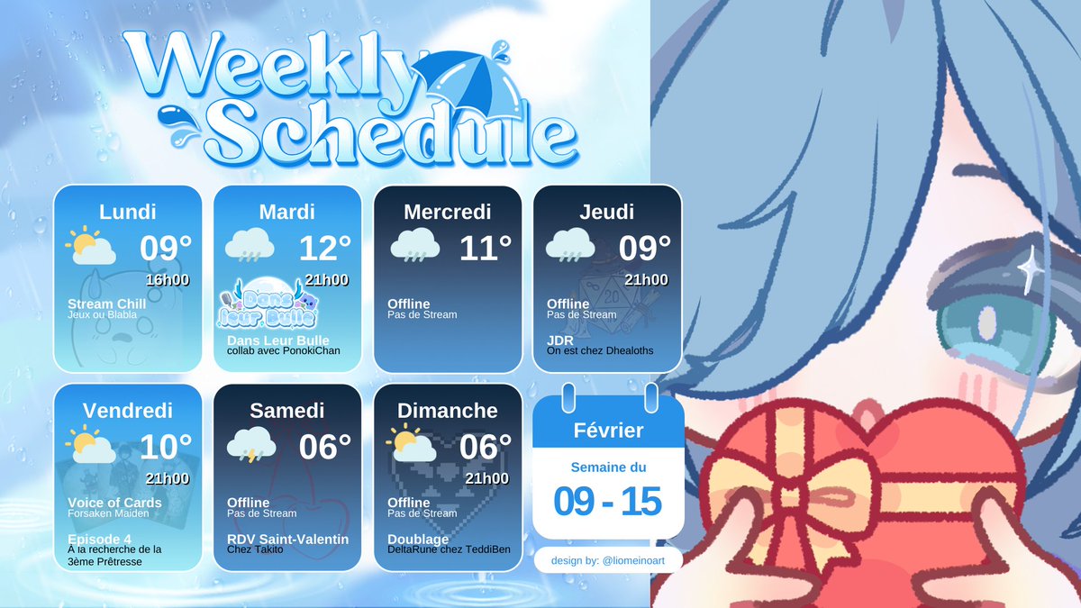Bon, j'ai encore trouver un nouveau planning trop cool donc, ty <a href="/juzutri/">uzu 🍋 | vtuber assets</a> for your Weekly Schedule ٩(๑❛ᴗ❛๑)۶

Cette semaine c'est <a href="/Ponoki_Chan/">Ponoki Chan🧡Vtuber FR💙</a> qui nous fait rentrer dans sa bulle pour parler de ses tutos et de son environnement 3D ✧/(>u<)\✧
