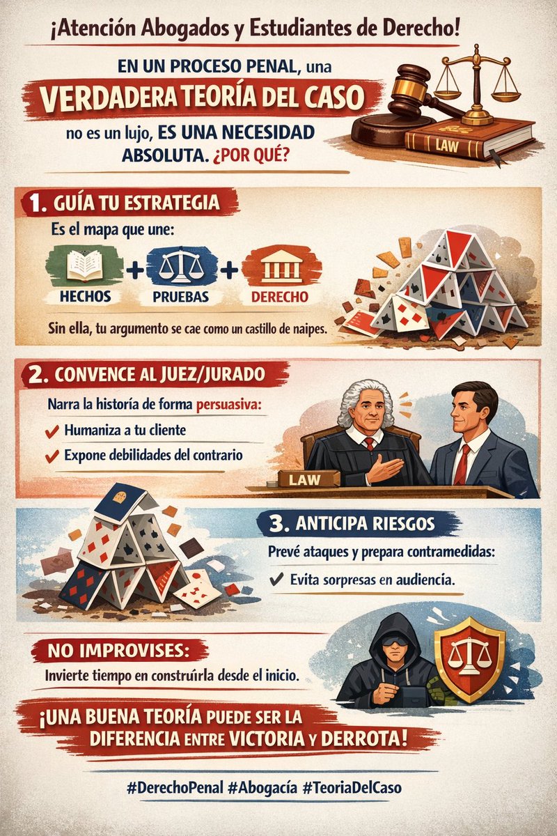 SinibaldoC's tweet photo. ¡Atención! 

Abogados y estudiantes de Derecho! 📜 

En un proceso penal, preparar una verdadera teoría del caso no es un lujo, es una necesidad absoluta. 

¿Por qué?

1️⃣Guía tu estrategia

Es el mapa que une hechos, pruebas y derecho para defender (o acusar) con coherencia. 

Sin ella, tu argumento se desmorona como un castillo de naipes.

2️⃣ Convence al juez

Una teoría sólida narra la historia de manera persuasiva, humanizando a tu cliente y exponiendo debilidades del contrario.

3️⃣ Anticipa riesgos

Te permite prever ataques y preparar contramedidas, evitando sorpresas en audiencia.

❌ No improvises

Invierte tiempo en construirla desde el inicio.

¡Una buena teoría puede ser la diferencia entre victoria y derrota! 

#DerechoPenal 

#Abogacía 

#TeoriaDelCaso