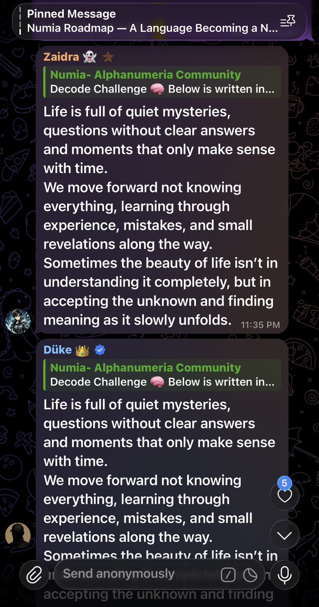AlphanumeriaSol's tweet image. This is what early adoption looks like.

No tutorials.
No instructions.

Two people in the community just read and translated Numia on their own.

A language becomes real the moment strangers can understand each other with it.

#Numia #alphanumeria #digitalculture #Web3culture
