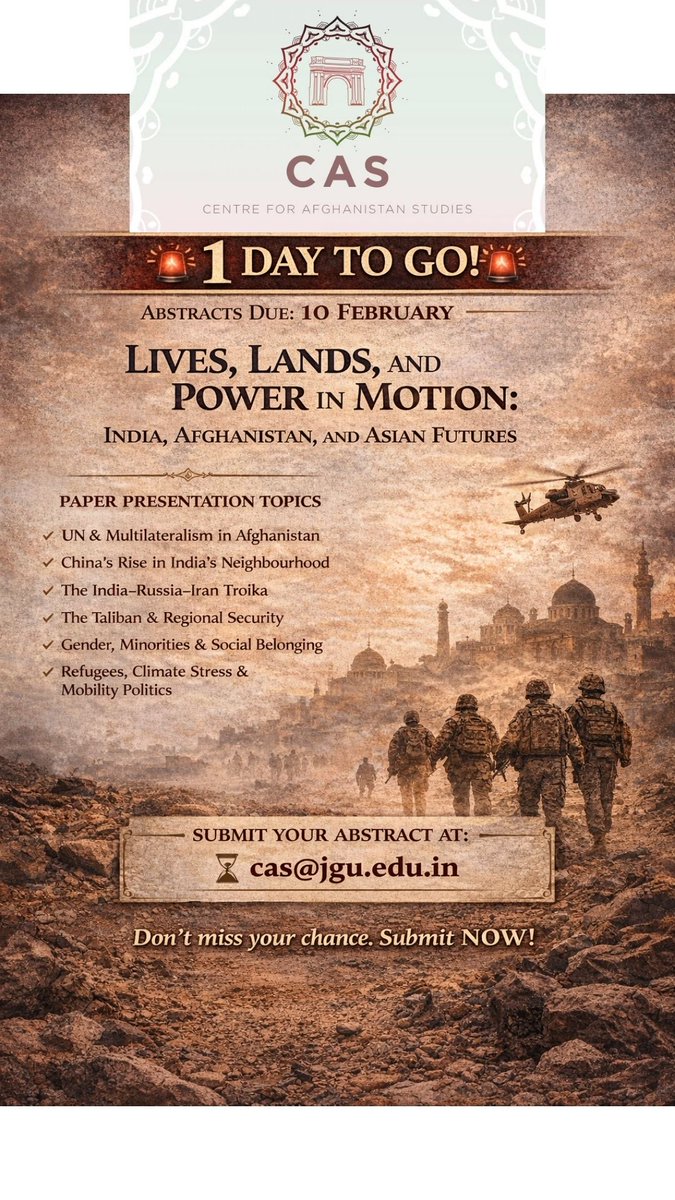 CAS_Afghanistan's tweet photo. Don’t miss the chance to be part of Guftogu — Spring Conference 2026 by the Centre for Afghanistan Studies X ICWA. Submit now!
@BilqueesDaud @raghavsharma83 @ICWA_NewDelhi
#Guftogu2026 #SpringConference #CentreForAfghanistanStudies #ICWA #CallForAbstracts #AcademicConference https://t.co/778JhuIUFK