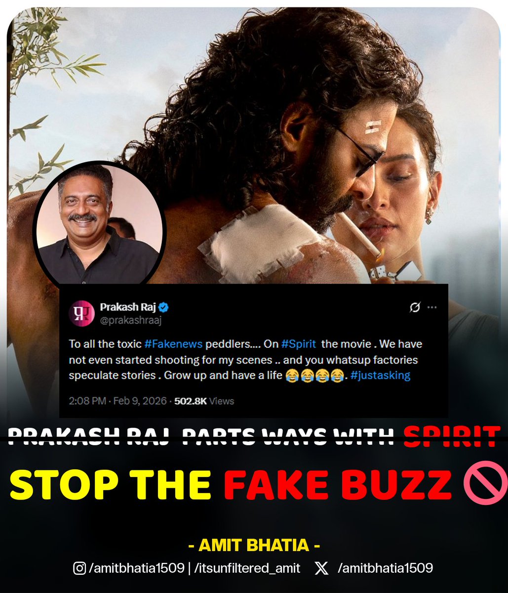 amitbhatia1509's tweet photo. Stop the Fake Buzz 📷

Prakash Raj shuts down rumor mills, calling out fake news on Spirit. He clarifies shooting hasn’t even begun for his scenes and urges gossip factories to grow up and get a life. 📷

#SpiritMovie #NoRumors #TruthOnly #JustAsking https://t.co/bysO8zX6oG