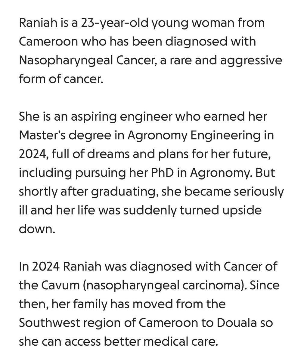 Please, read this 🙏🏾

A friend’s sister, Raniah, who is 23 was diagnosed with nasopharyngeal cancer. She is in critical condition and is seeking for financial support.

OM:  6 96 20 30 47 (Hajah Rabiatou)

MOMO: 670021225 (Hajah Rabiatou)