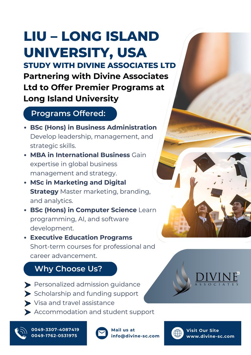 DivineAssociat's tweet image. Advance your career at Long Island University with expert support from Divine Associates Ltd for admissions, scholarships, and student services.
#DivineAssociatesLtd #StudyAbroad #LongIslandUniversity #InternationalEducation #ScholarshipSupport #StudentVisa #HigherEducation