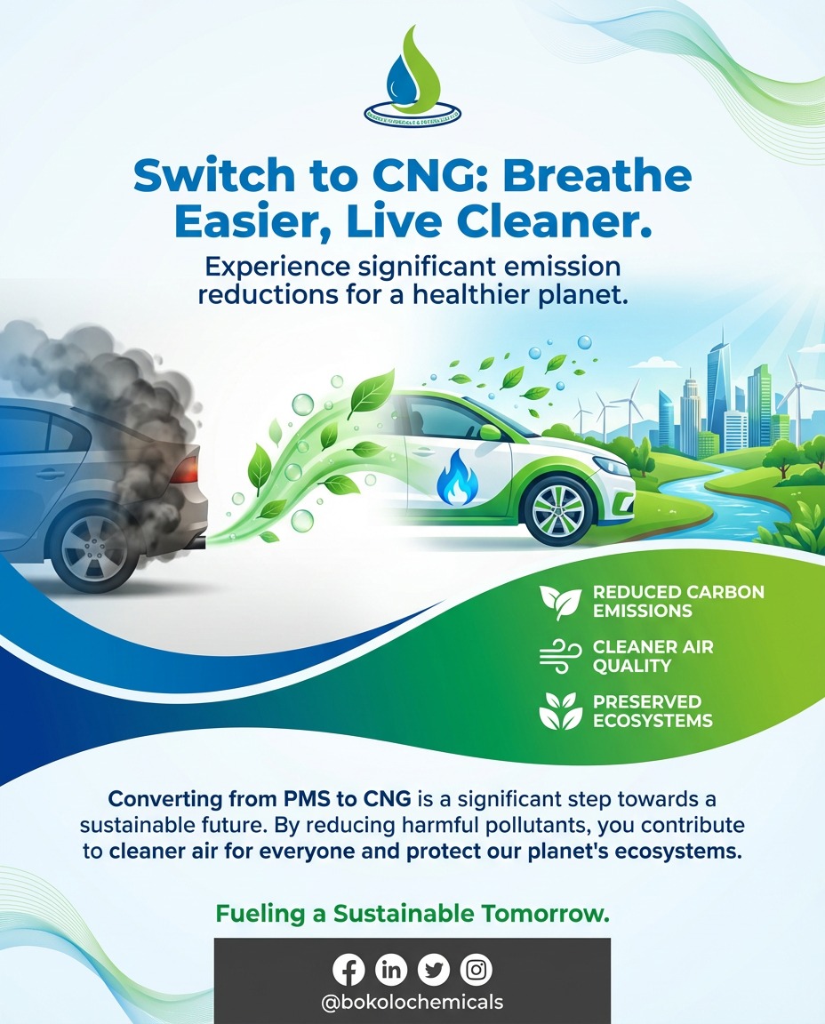 Cleaner air starts with smarter energy choices.

Switching from PMS to CNG reduces emissions, improves air quality, and supports a more sustainable future. At 

Bokolo Chemicals and Petroleum, we’re driving safe and cleaner energy solutions for today and tomorrow.

#CleanEnergy