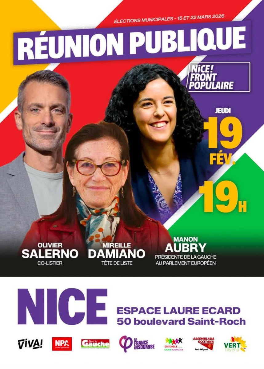 Réunion publique #NiceFrontPopulaire
avec <a href="/ManonAubryFr/">Manon Aubry</a> 
🗓️ Jeudi 19 février 🕖 À 19h📍 Espace Laure Ecard à Nice
Venez nombreuses et nombreux, c'est là que ça se passe !
#Municipales2026 #Nice06