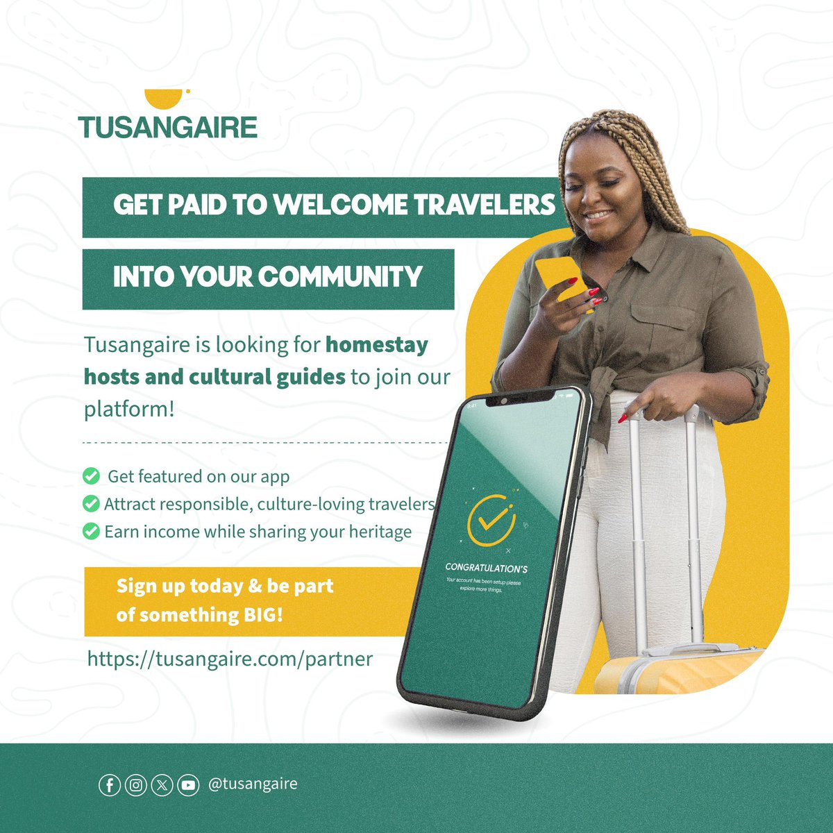 tusangaireapp's tweet photo. Culture doesn’t live in museums, it lives with people.

#Tusangaire connects travelers to real Ugandan experiences through locals offering homestays and cultural moments, beyond the usual routes.

If you share culture, earn from it. 
➡️; https://t.co/ZWXM54jERX https://t.co/CTlgBCRwsF