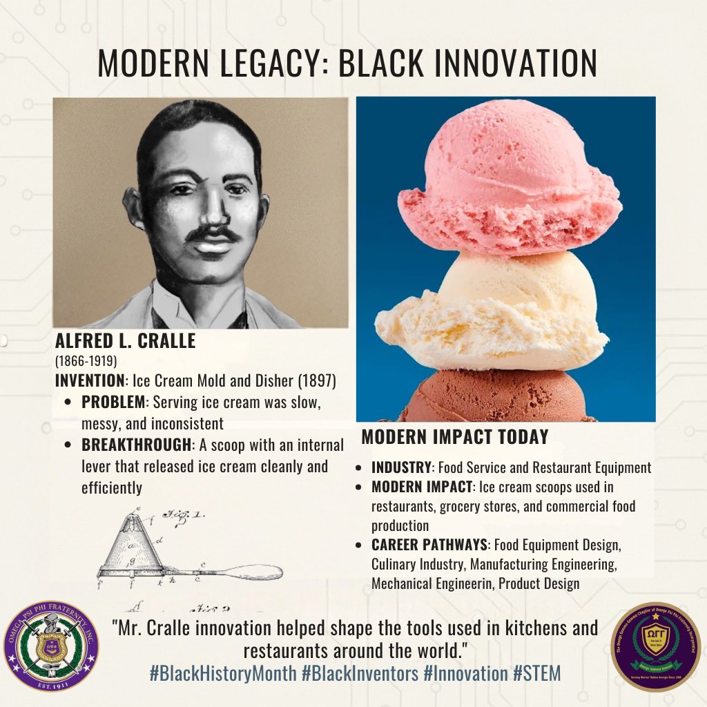 Day 9 of our Black History Month series highlighting Black innovation that still moves the world forward. Alfred L. Cralle invented the ice cream scoop with a lever mechanism, making food service faster and more efficient. His design is still used in kitchens &amp; restaurants today.