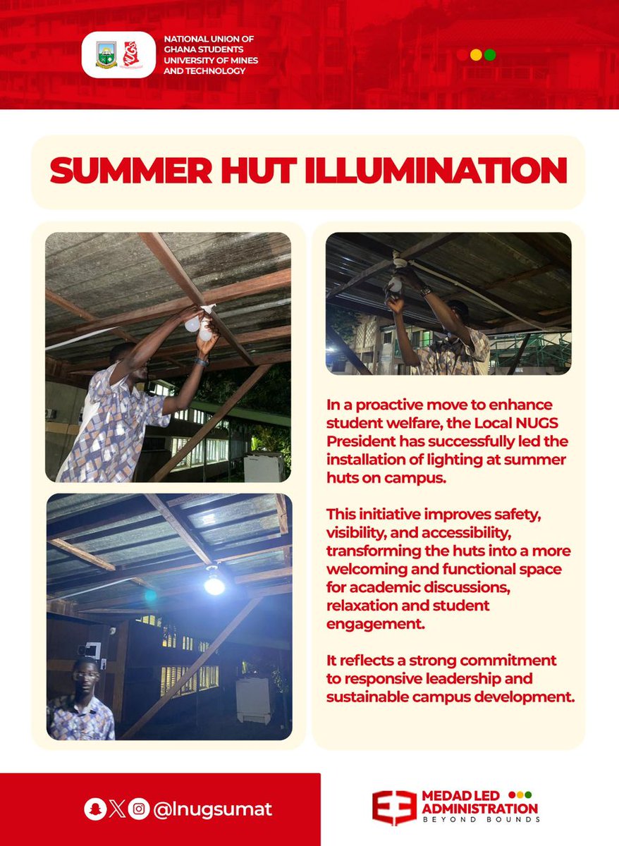 Improving safety. Enhancing student welfare. The Local NUGS administration has installed lighting at the summer huts to improve visibility, accessibility, and student engagement; demonstrating responsive leadership and sustainable campus development.
#MedadLedAdministration