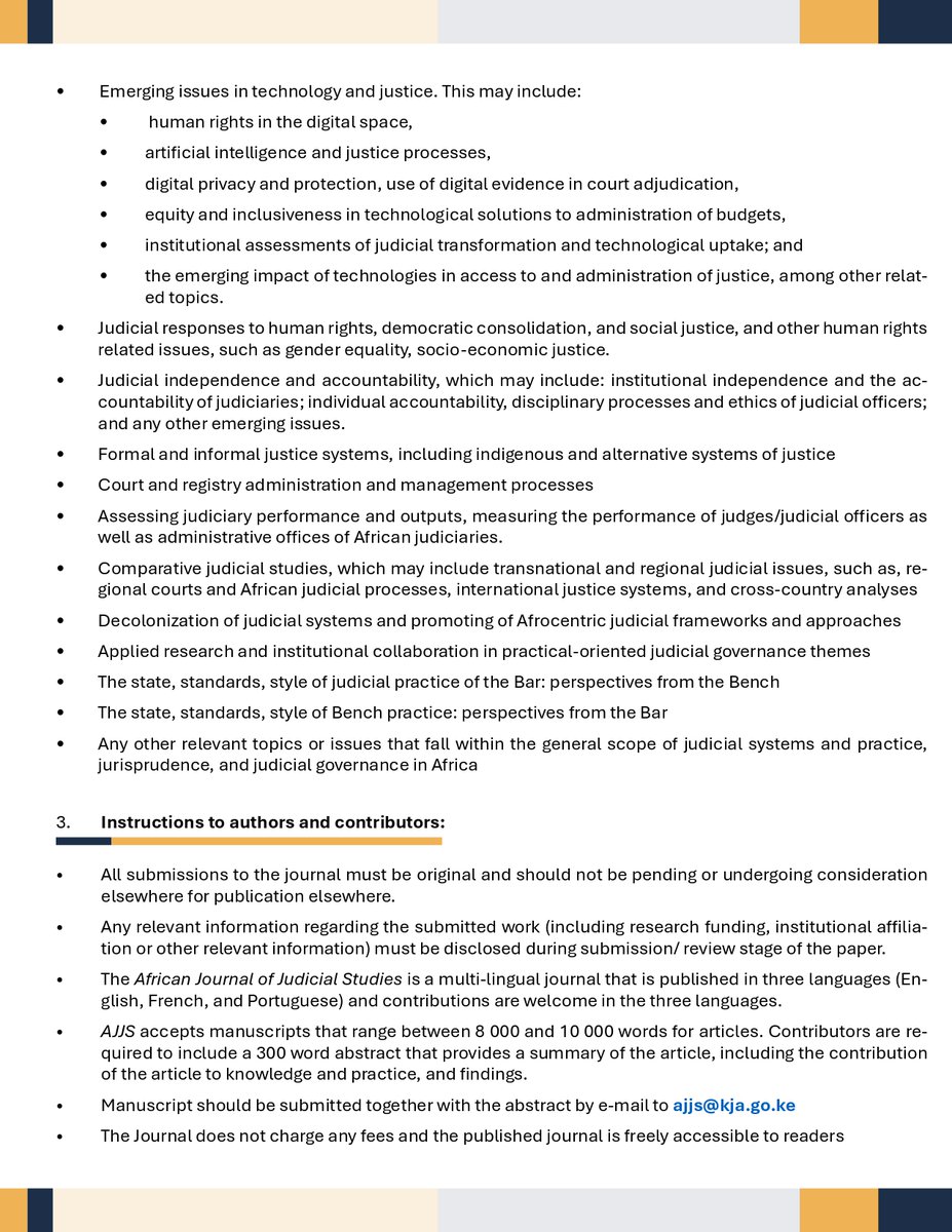 KJA_Kenya's tweet photo. KJA invites and continues to receive submissions for its Inaugural African Journal on Judicial Sciences. Contributions should be sent to ajjs@kja.go.ke https://t.co/2RsLpm8vQO