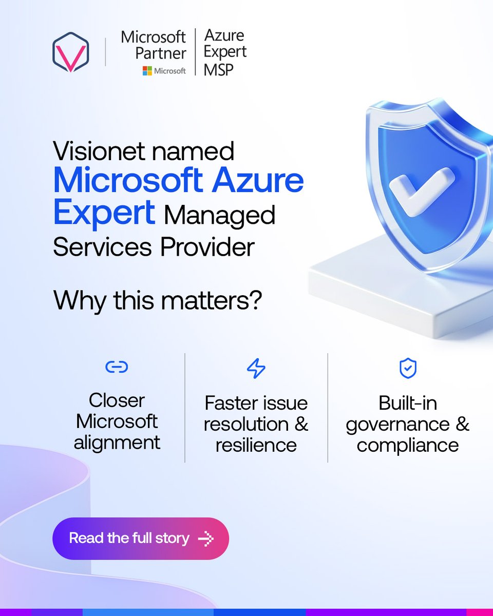 Visionet's tweet image. Visionet is now a Microsoft Azure Expert Managed Services Provider! Closer alignment, faster resolution, and scalable governance for our clients.

 #MicrosoftAzure #AzureExpert #ManagedServices #CloudExcellence #DigitalTransformation #Visionet