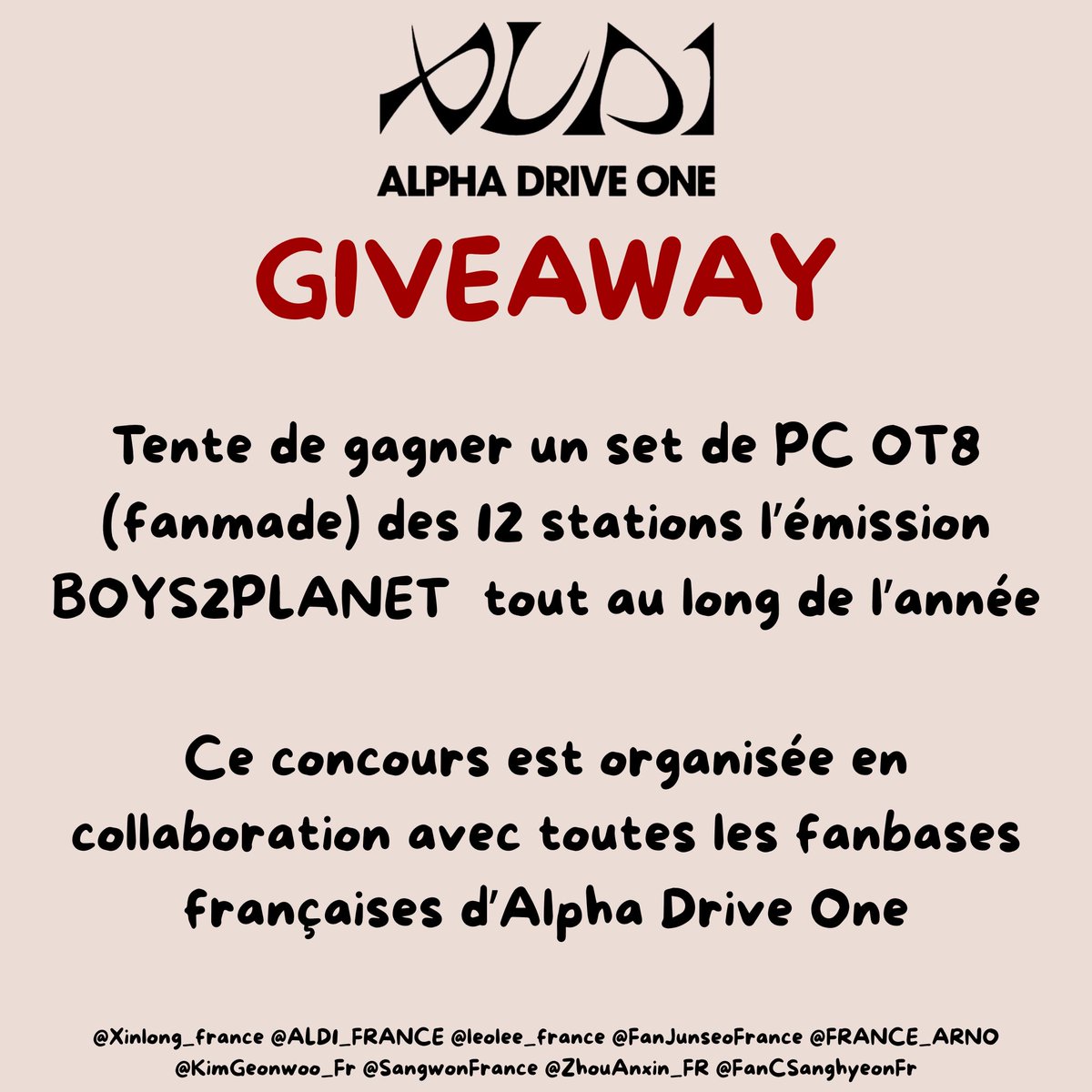 ✨GIVEAWAY✨

En association avec toutes les FB du groupe nous organisons 1 concours par mois jusqu’à la fin de l’année 🎁✨

Chaque mois, vous aurez une nouvelle chance de gagner des PC des différentes Station de Boys Planet 🤍

Restez connectés et bonne chance à tou(te)s 🍀🔥