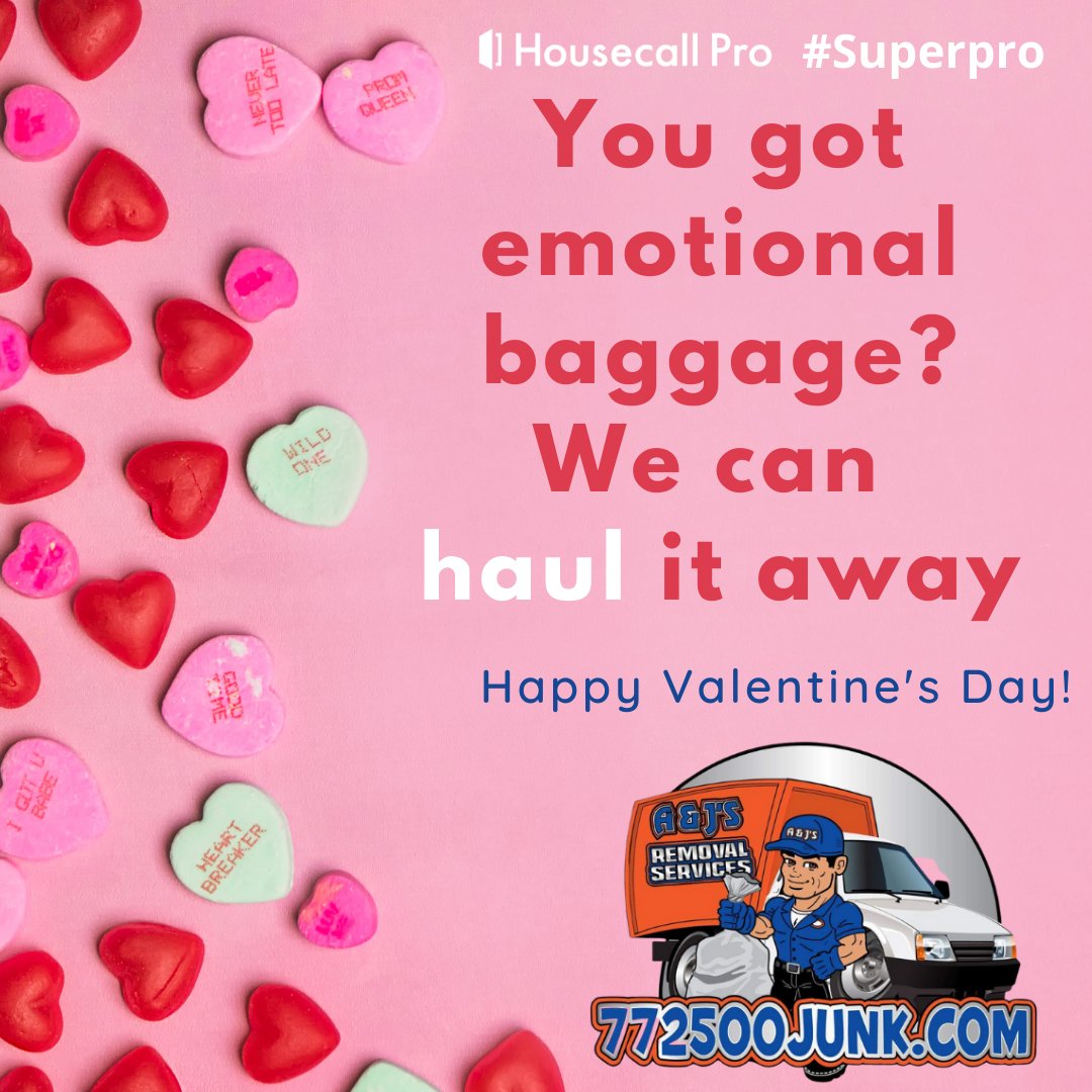 772500Junk's tweet photo. This Valentine's Day…
💔 Break up with the clutter
💘 Fall back in love with your garage

We specialize in garage clean-outs and hauling away:
• Old junk
• Forgotten boxes
• Emotional baggage from past relationships 😏

Love yourself enough to call the pros.
📞 (772) 500-JUNK https://t.co/x2hjzrBpUe