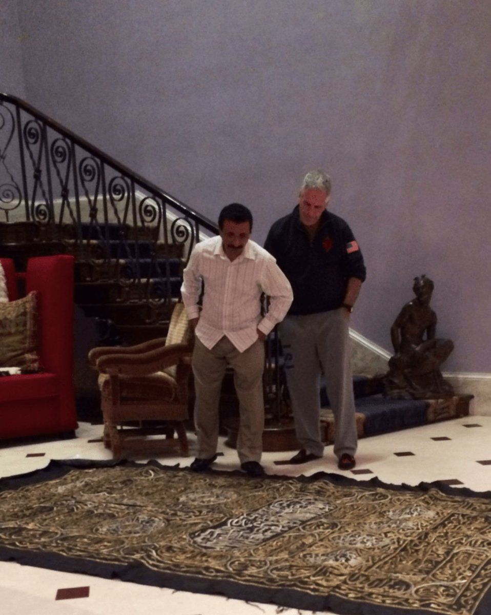 Alhamdhulillaah's tweet image. A photo released in the Epstein files shows Emirati Billionaire Sultan Bin Sulayim standing next to Jeffrey Epstein as they are standing over the cloth of the Kaʿbah, while it is being laid out on the floor.