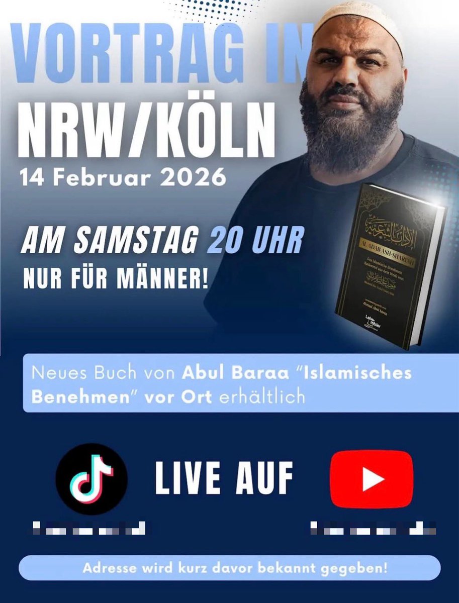 luk_bre's tweet photo. Der #Salafist #AbulBaraa (#Berlin) kündigt einen Vortrag in #Köln an. Die Adresse wird - wie mittlerweile oft üblich - kurz vor der Veranstaltung bekannt gegeben. Baraa zählt zu den bekanntesten #Salafisten-Predigern in Deutschland, Köln gilt als Szene-Hochburg. #Islamismus https://t.co/1qcpLcUIGR
