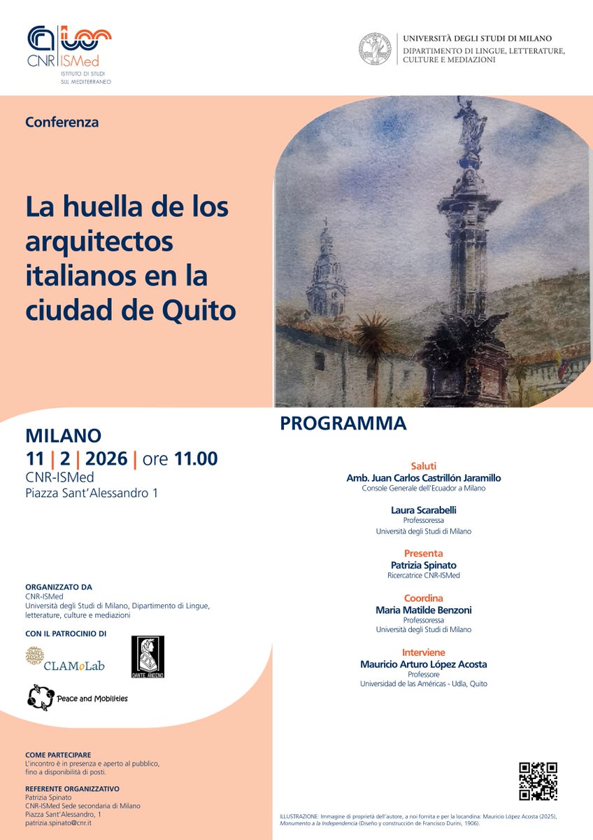 ISMed_CNR's tweet image. 📌📅 #11FEB 🕚11am 📍 CNR-ISMed #Milano Conferenza “La huella de los arquitectos italianos en la ciudad de Quito” con Mauricio Arturo López Acostaè #storia #memoria #arte #CLAMoLab @UniMi @CNRsocial_
